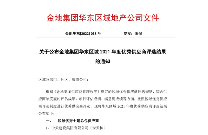 2022年8月，安徽公司荣获金地集团华东区域2021年度“区域优秀土建总包供应商”称号  ，是华东区域唯一一家获此殊荣的建设单位 。